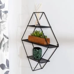 5 in. D x 17.5 in. W x 23.6 in. H Black Steel 3-Tier Floating Diamond Decorative Wall Shelf by Honey-Can-Do -Carnegy Avenue Sales black honey can do decorative shelving shf 09349 31 1000