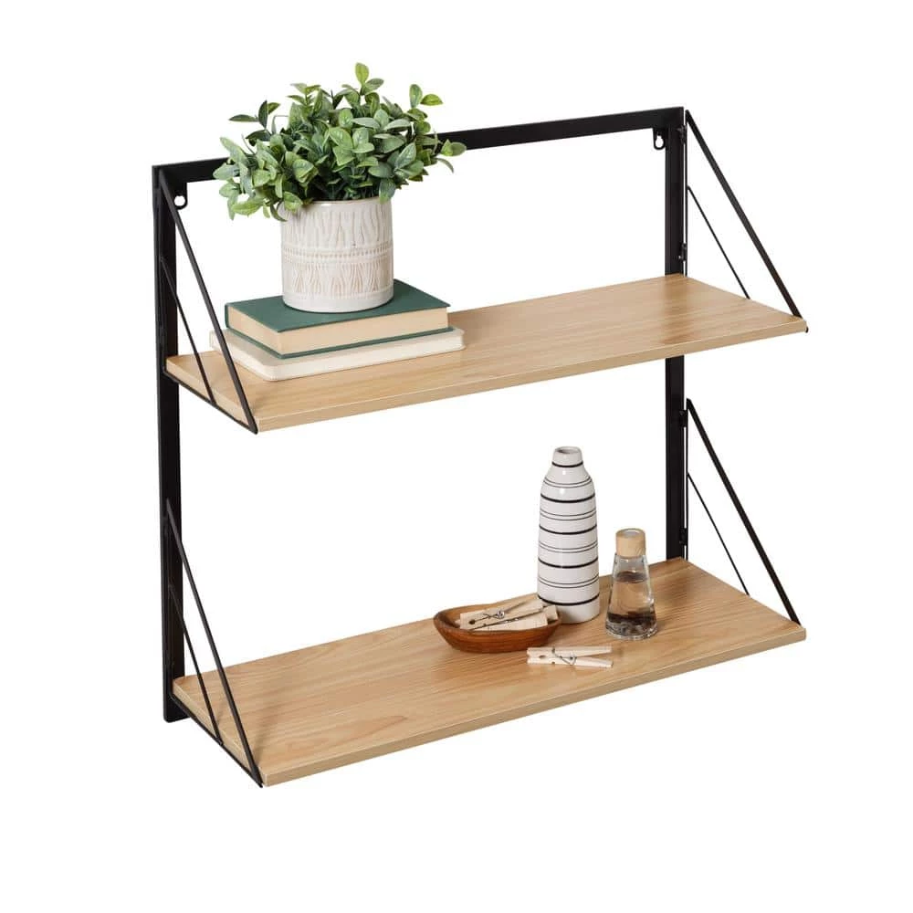22 in. H x 24 in. W x 10 in. D 2-Tier Steel/MDF Wall or Over-the-Door Laundry Shelf in Black/Natural by Honey-Can-Do 4 22 in. H x 24 in. W x 10 in. D 2-Tier Steel/MDF Wall or Over-the-Door Laundry Shelf in Black/Natural by Honey-Can-Do - Image 2