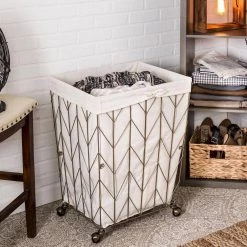 Antique Bronze Chevron Rolling Steel Wire Hamper with Cotton Liner by Honey-Can-Do -Carnegy Avenue Sales bronze antique honey can do hampers hmp 09093 31 1000