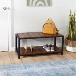 18 in. H x 33.85 in. W Walnut Particle Board and Steel 2-Tier Entryway Shoe Storage Bench by Honey-Can-Do -Carnegy Avenue Sales brown honey can do shoe storage benches sto 09775 76 1000