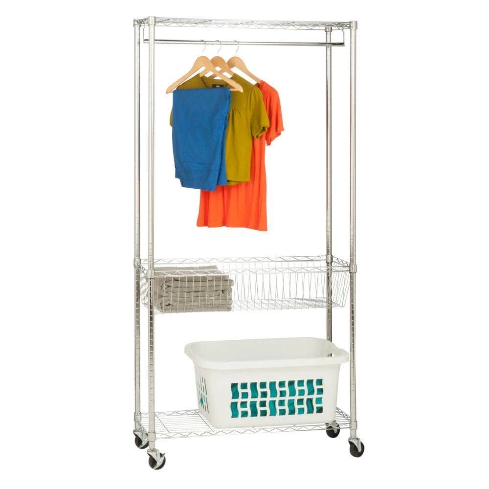 Rolling Laundry Clothes Rack with Shelves, Chrome by Honey-Can-Do 10 Rolling Laundry Clothes Rack with Shelves, Chrome by Honey-Can-Do - Image 8