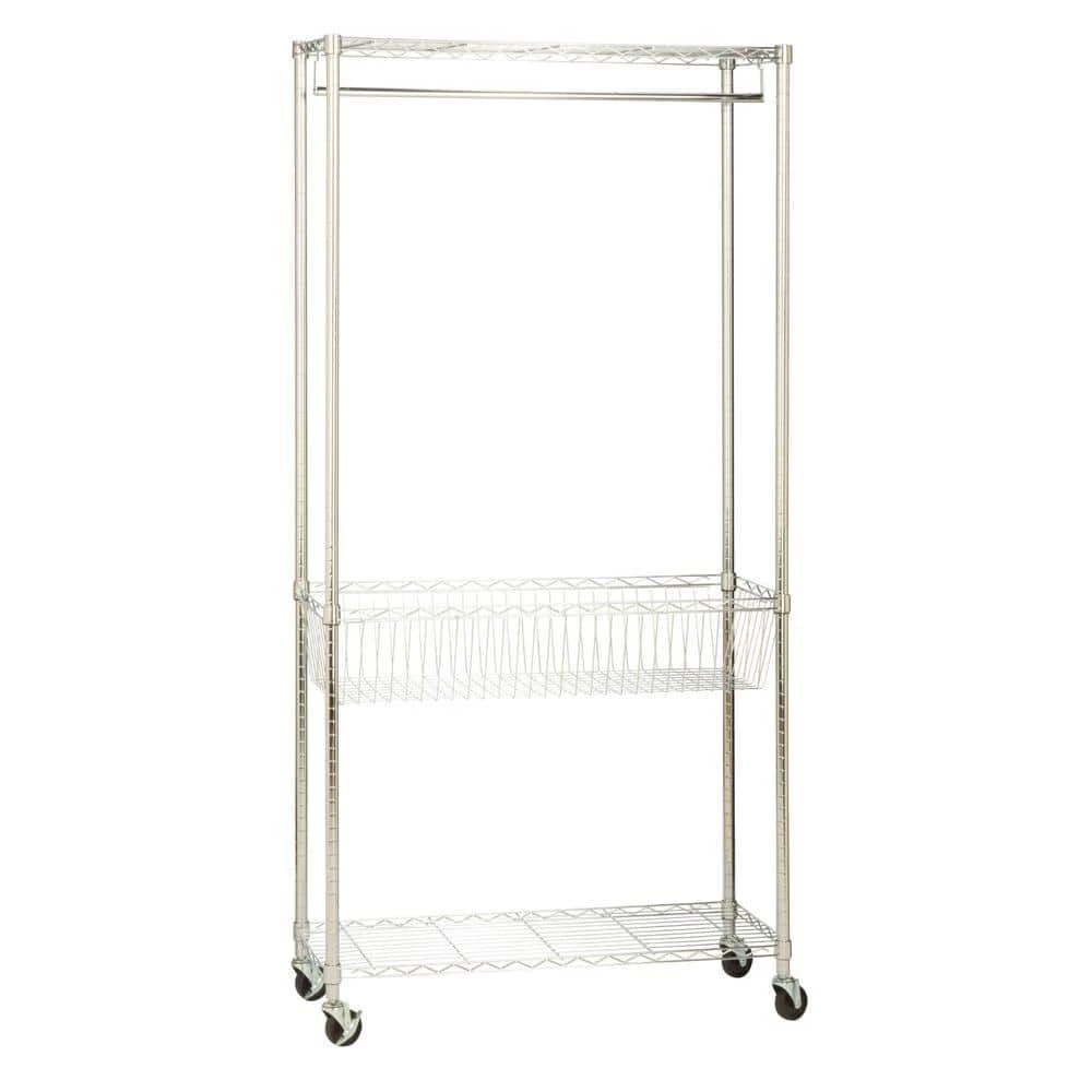 Rolling Laundry Clothes Rack with Shelves, Chrome by Honey-Can-Do 3 Rolling Laundry Clothes Rack with Shelves, Chrome by Honey-Can-Do