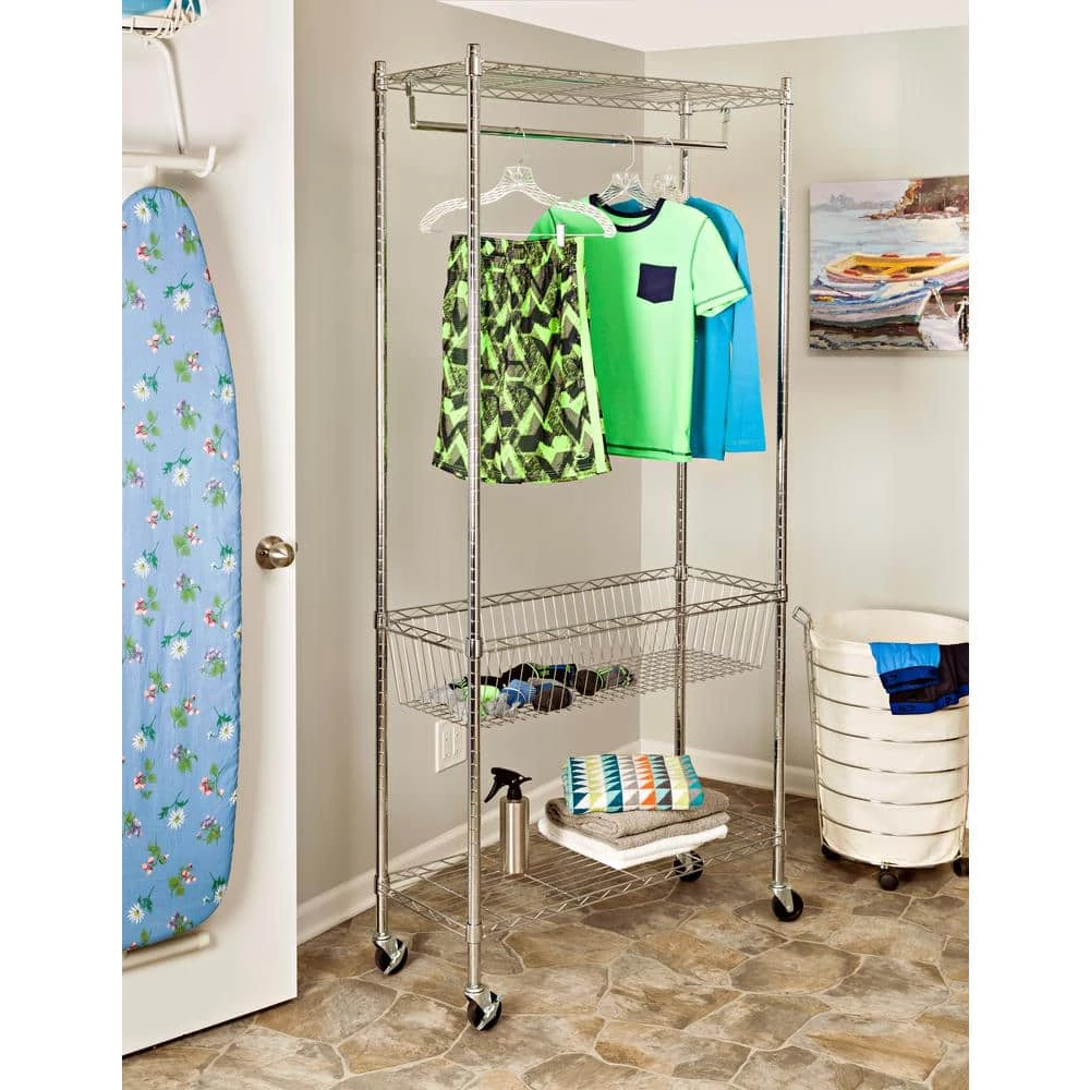 Rolling Laundry Clothes Rack with Shelves, Chrome by Honey-Can-Do 9 Rolling Laundry Clothes Rack with Shelves, Chrome by Honey-Can-Do - Image 7