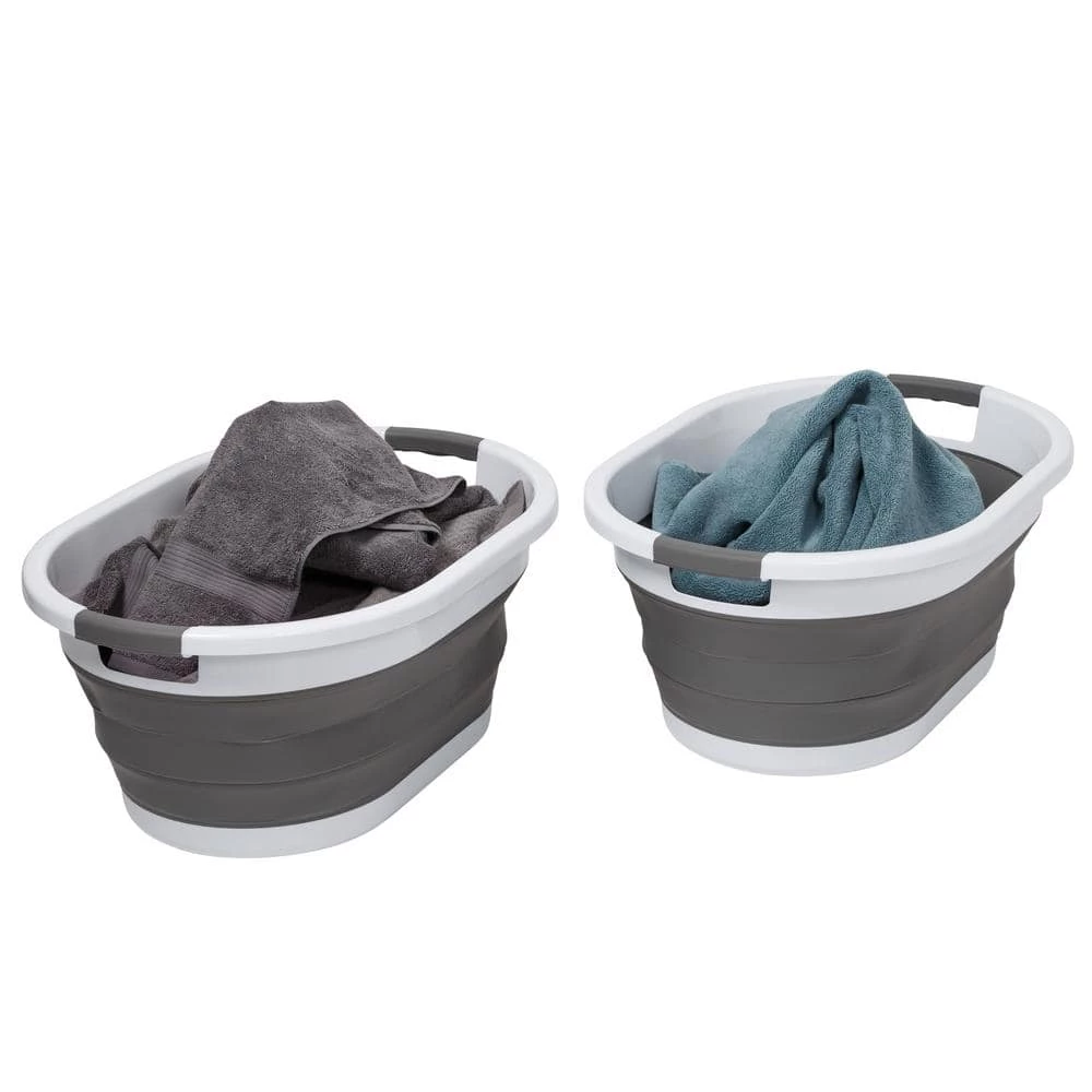 Dark Gray/White Collapsible Rubber Laundry Baskets (Set of 2) by Honey-Can-Do 3 Dark Gray/White Collapsible Rubber Laundry Baskets (Set of 2) by Honey-Can-Do