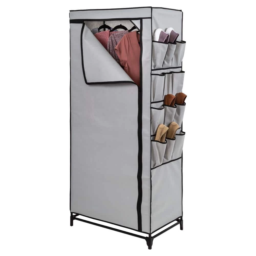 62.2 in. H x 27.17 in. W x 18.11 in. D Gray Non-Woven and Steel Portable Closet with Cover and Side Pockets by Honey-Can-Do 4 62.2 in. H x 27.17 in. W x 18.11 in. D Gray Non-Woven and Steel Portable Closet with Cover and Side Pockets by Honey-Can-Do - Image 2