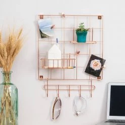 14.96 in. D x 14.96 in. W x 0.83 in. H Rosy Copper Wire Wall Grid with Storage Accessories (8-Piece Set) by Honey-Can-Do -Carnegy Avenue Sales rosy copper honey can do decorative shelving shf 08802 31 1000