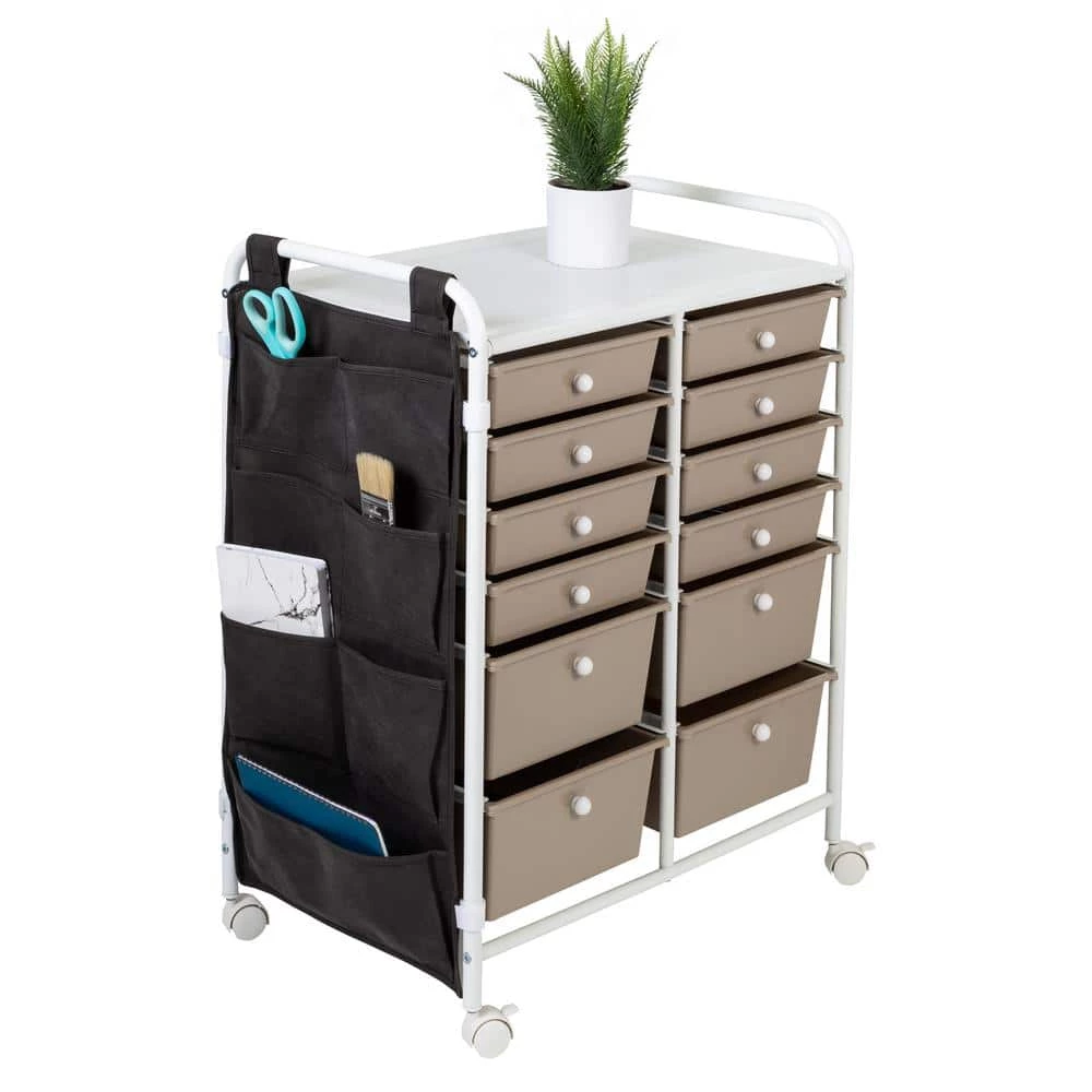 15.25 in. W x 31.75 in. H White/Beige Plastic and Steel 12-Drawer Cart with Side Pockets by Honey-Can-Do 3 15.25 in. W x 31.75 in. H White/Beige Plastic and Steel 12-Drawer Cart with Side Pockets by Honey-Can-Do