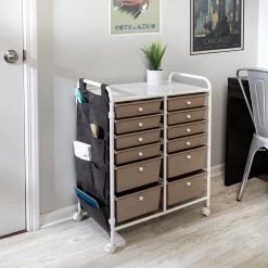 15.25 in. W x 31.75 in. H White/Beige Plastic and Steel 12-Drawer Cart with Side Pockets by Honey-Can-Do 16 15.25 in. W x 31.75 in. H White/Beige Plastic and Steel 12-Drawer Cart with Side Pockets by Honey-Can-Do -Carnegy Avenue Sales white beige honey can do storage drawers crt 09104 76 1000