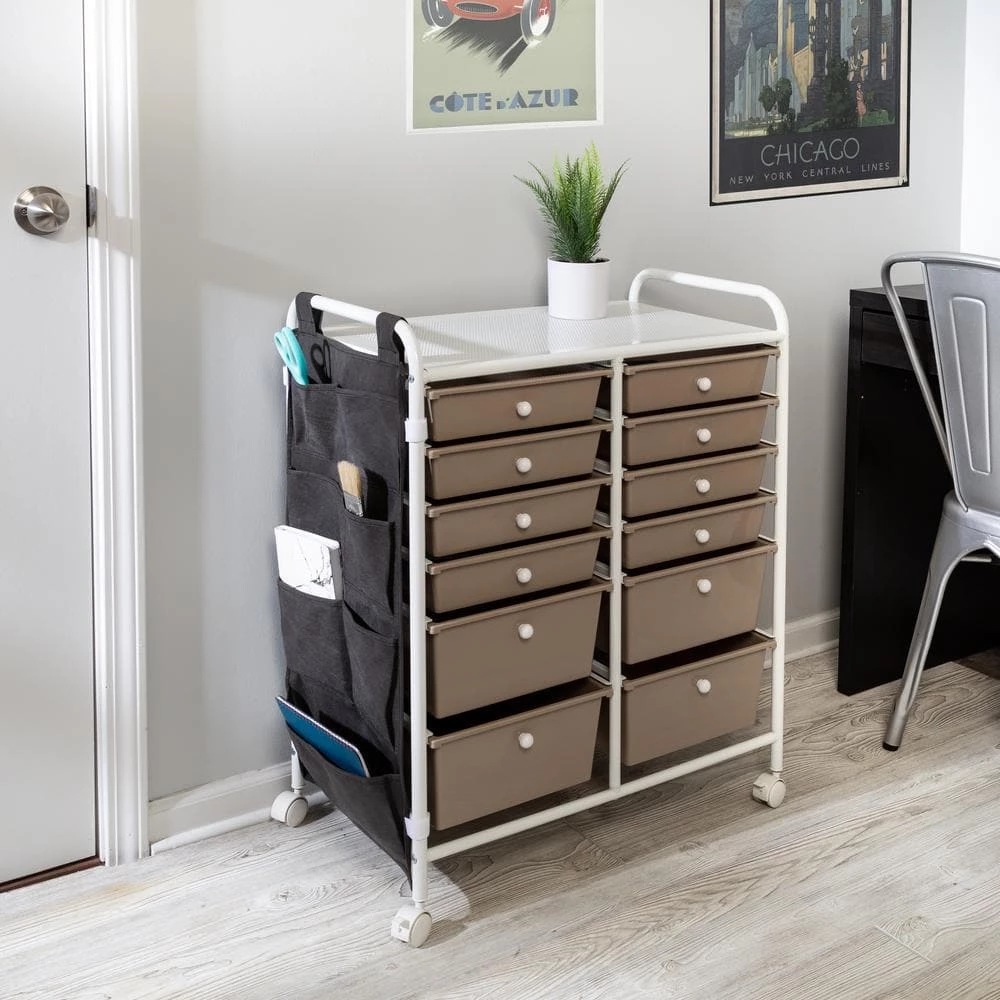 15.25 in. W x 31.75 in. H White/Beige Plastic and Steel 12-Drawer Cart with Side Pockets by Honey-Can-Do 9 15.25 in. W x 31.75 in. H White/Beige Plastic and Steel 12-Drawer Cart with Side Pockets by Honey-Can-Do - Image 7