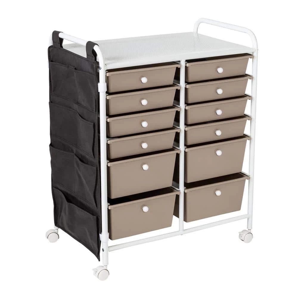 15.25 in. W x 31.75 in. H White/Beige Plastic and Steel 12-Drawer Cart with Side Pockets by Honey-Can-Do 4 15.25 in. W x 31.75 in. H White/Beige Plastic and Steel 12-Drawer Cart with Side Pockets by Honey-Can-Do - Image 2
