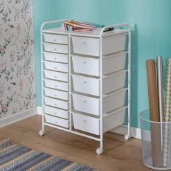 15.35 in. W x 37.8 in. H White Plastic and Steel 15-Drawer Cart by Honey-Can-Do -Carnegy Avenue Sales white honey can do storage drawers crt 09106 76 1000