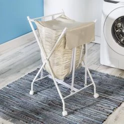 White/Natural Steel and Polycotton Single Bounce Back No Bend Laundry Hamper with Wheels by Honey-Can-Do -Carnegy Avenue Sales white natural honey can do hampers hmp 09749 31 1000