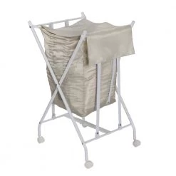 White/Natural Steel and Polycotton Single Bounce Back No Bend Laundry Hamper with Wheels by Honey-Can-Do