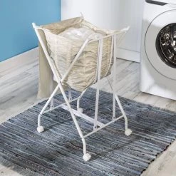 White/Natural Steel and Polycotton Single Bounce Back No Bend Laundry Hamper with Wheels by Honey-Can-Do -Carnegy Avenue Sales white natural honey can do hampers hmp 09749 76 1000