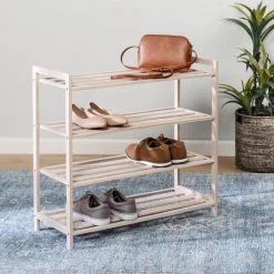 25.8 in. H 12-Pair White Wash Bamboo 4-Tier Shoe Rack by Honey-Can-Do -Carnegy Avenue Sales white wash honey can do shoe racks sho 09700 31 1000
